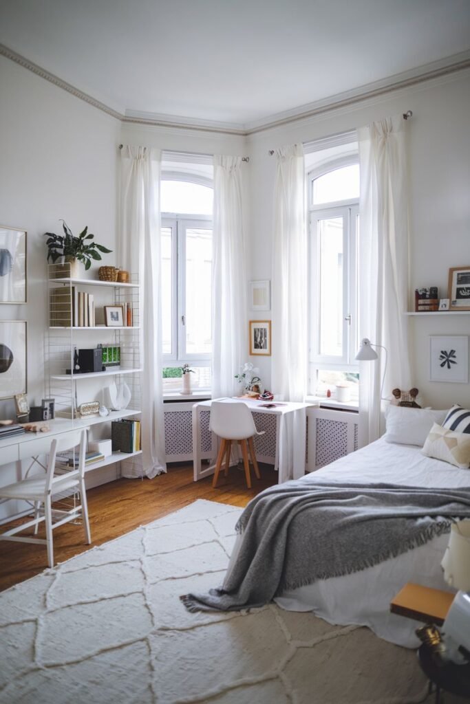 A clean and bright bedroom with white walls and large windows with sheer white curtains, featuring a white bed with neutral bedding, two white desks with chairs placed near the windows, white string shelving units, and a large textured white rug. Two desks suggest it could be a shared college apartment bedroom.