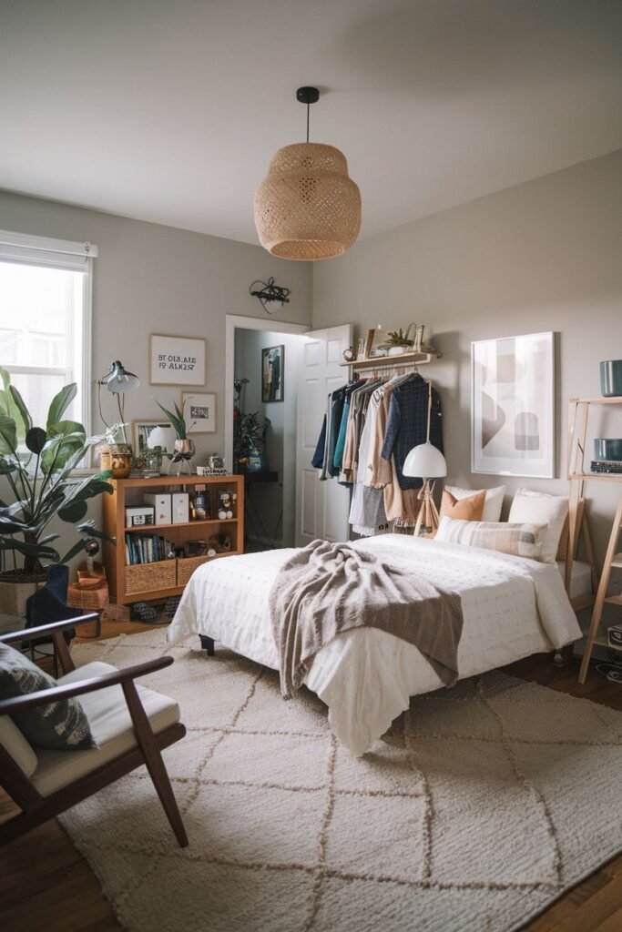 A bohemian-inspired bedroom with light grey walls and wooden floors, featuring a bed with neutral bedding, a wooden bookshelf, a wooden armchair, a woven pendant light, a freestanding clothing rack, and numerous plants. This stylish bedroom could be found in an apartment.