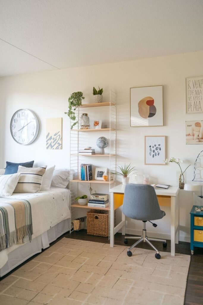 A contemporary bedroom with white walls, featuring a white bed with neutral and striped bedding, a white string shelving unit filled with books, plants, and decor, a white desk with a grey rolling chair, a large round clock, and framed art. This functional bedroom space is well-suited for a college apartment.