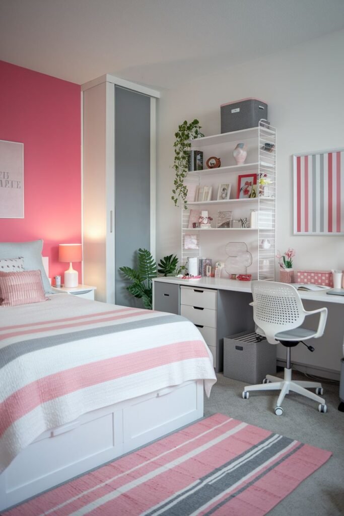 A colorful bedroom with a vibrant pink accent wall and grey carpet, featuring a white bed with storage drawers, pink and grey striped bedding, a white storage cabinet, a grey desk with a white chair, a white shelving unit, and a pink and grey striped area rug. The use of color and storage makes this a lively bedroom option for a college apartment.