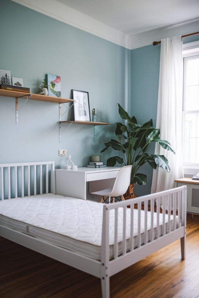 A simple bedroom with light blue walls and wooden floors, featuring a white spindle bed frame without bedding, a white desk with a white chair, two floating shelves above the desk with art and decor, a large potted plant, and white sheer curtains. It shows a basic bedroom layout in an apartment.