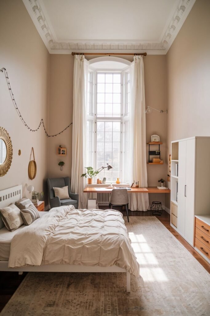 A spacious bedroom with high ceilings and a large bay window, containing a white bed with neutral bedding, a wooden desk near the window, a grey armchair, a tall white wardrobe, and string lights hanging along a wall. This size and features could be found in a larger apartment or older building, suitable as a college student's bedroom.