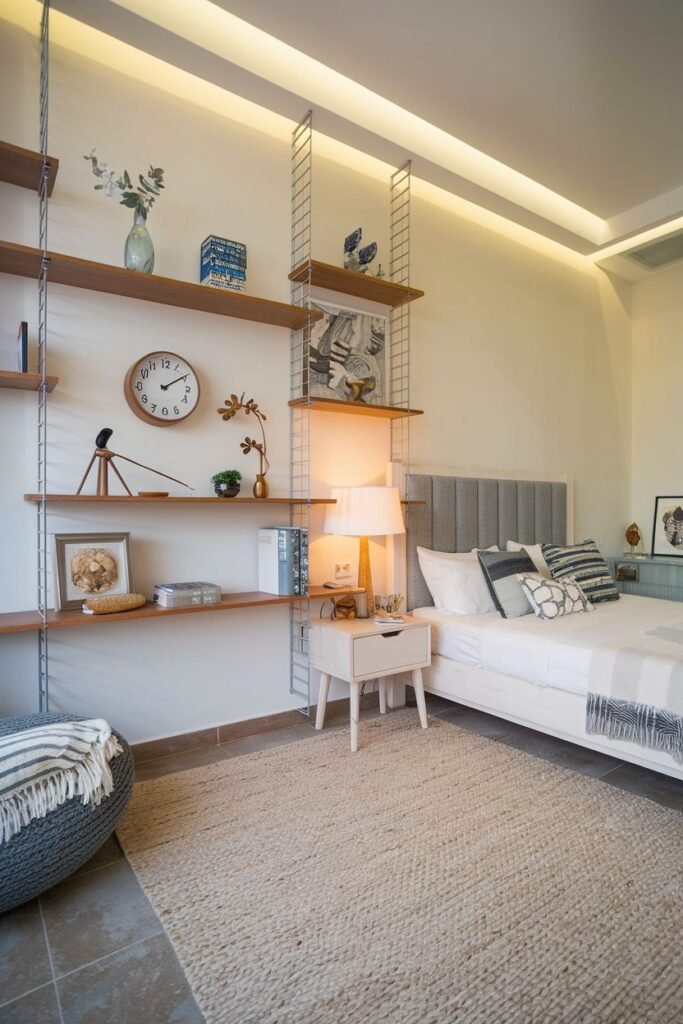 A modern bedroom with suspended wooden shelving units on the wall, featuring a bed with a grey upholstered headboard, a white nightstand, decorative items on the shelves including a clock and plants, a woven area rug, and a grey pouf. This sophisticated bedroom design could be in an apartment.