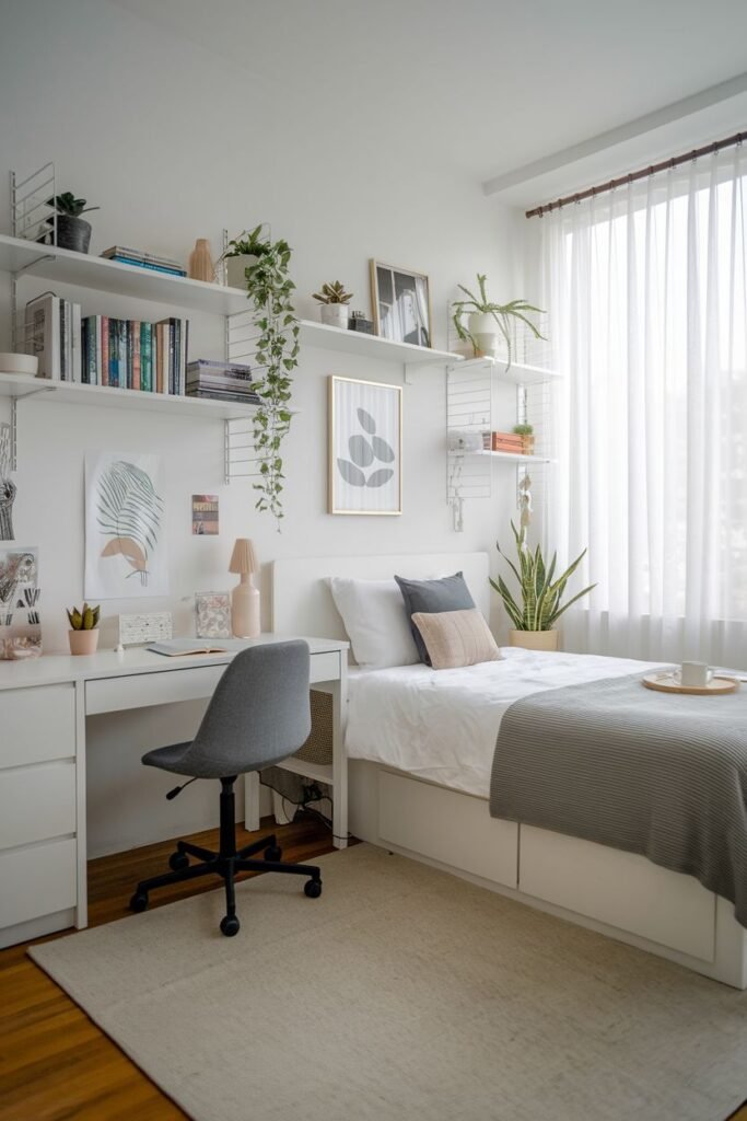 A well-organized bedroom with white walls, featuring a white bed frame with storage drawers, white bedding, a white desk with drawers and a grey rolling chair, two white string shelving units above the desk with plants, books, and framed art. Storage and a desk are key features for a college apartment bedroom.