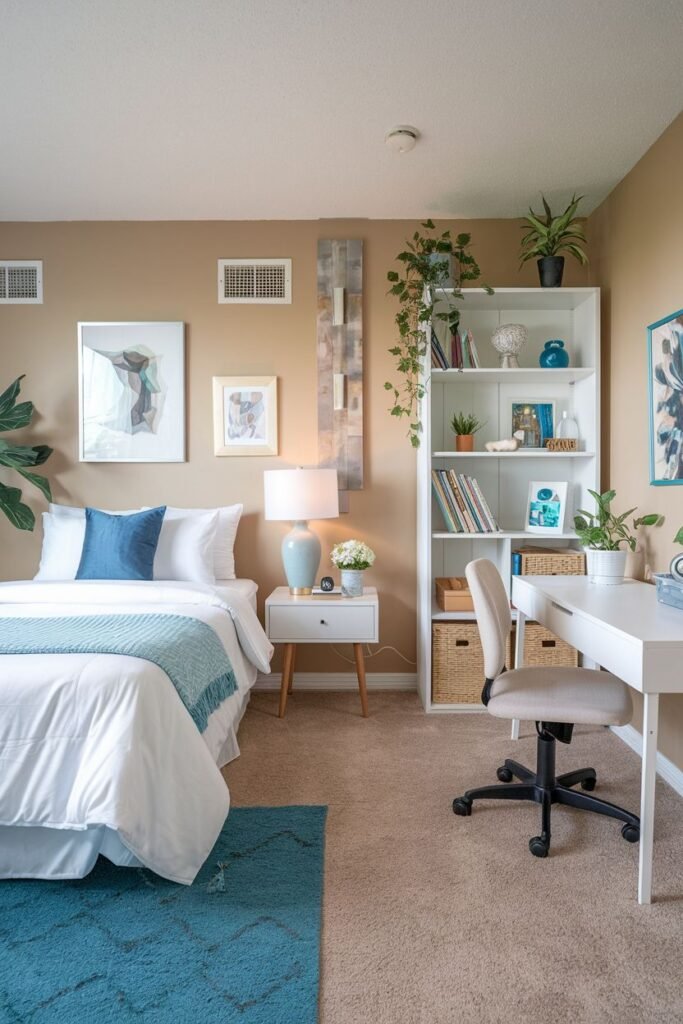 A comfortable bedroom with beige walls and carpet, featuring a white bed with white and blue bedding, a white nightstand with a lamp, a white bookshelf with decor and plants, a white desk with a neutral chair, and framed art. This is a typical bedroom setup for an apartment.
