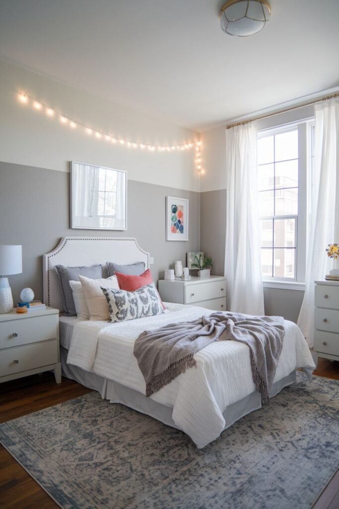 A stylish bedroom with a two-tone grey and white wall decorated with string lights, featuring a white bed with a studded headboard, neutral and patterned bedding, grey nightstands and dressers, framed art, and plants. String lights are a popular decoration for a college apartment bedroom.
