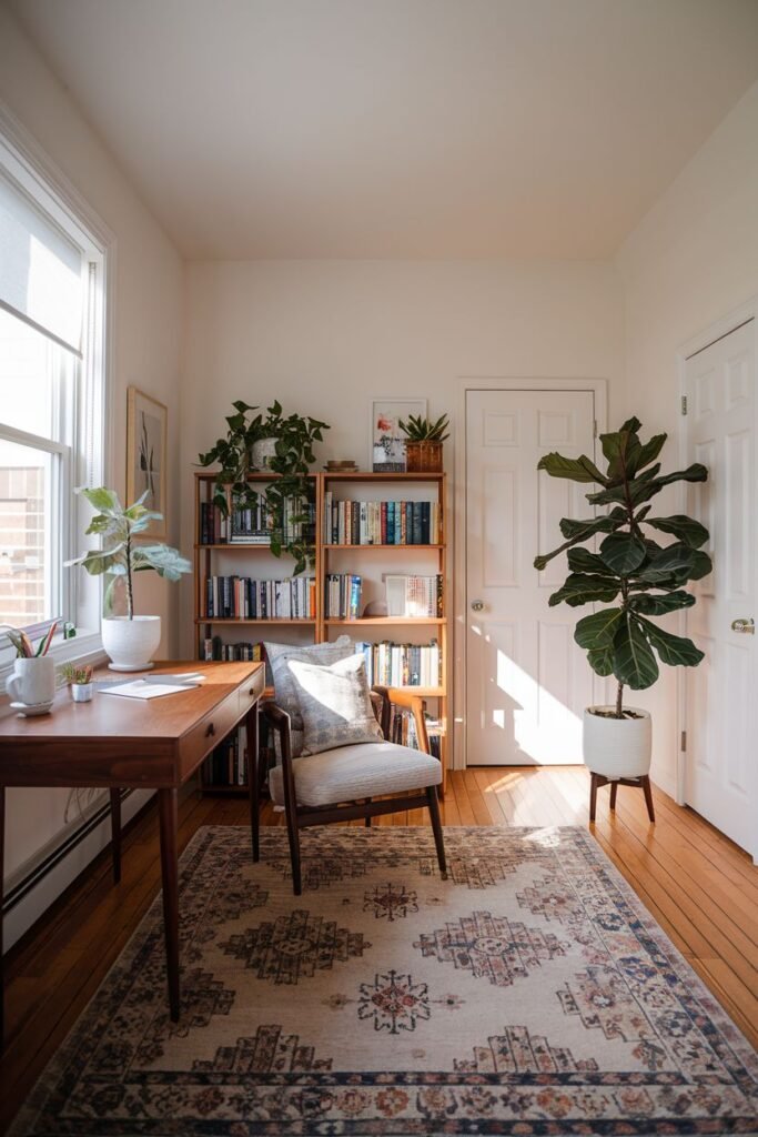 A sunny room with white walls and wooden floors, used as a study space within a bedroom or apartment, featuring a dark wooden desk with a chair, a large wooden bookshelf filled with books and plants, a large patterned rug, and large potted plants. While not explicitly a bedroom view, it shows a study area often found in a college apartment or larger bedroom.