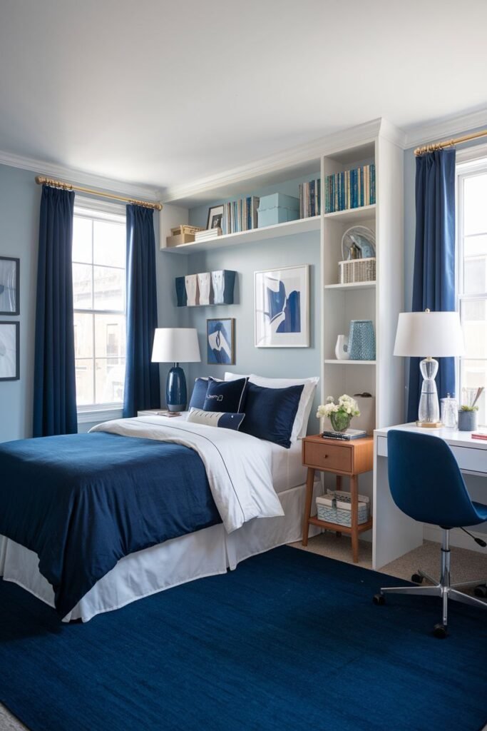 A bedroom featuring a bed with deep blue bedding and curtains, a built-in white shelving unit above the bed filled with books and decor, a small wooden nightstand, and a white desk by the window with a blue chair. This layout is common in college apartment or small living spaces.