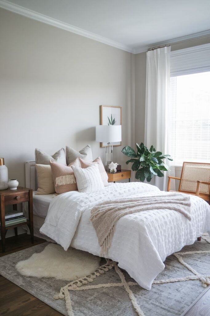 A cozy bedroom with beige walls, featuring a bed with a light upholstered headboard, layered white and neutral bedding with decorative pillows, wooden nightstands, a woven chair, and a large textured grey rug with a smaller white fluffy rug layered on top. It portrays a comfortable bedroom space within an apartment.
