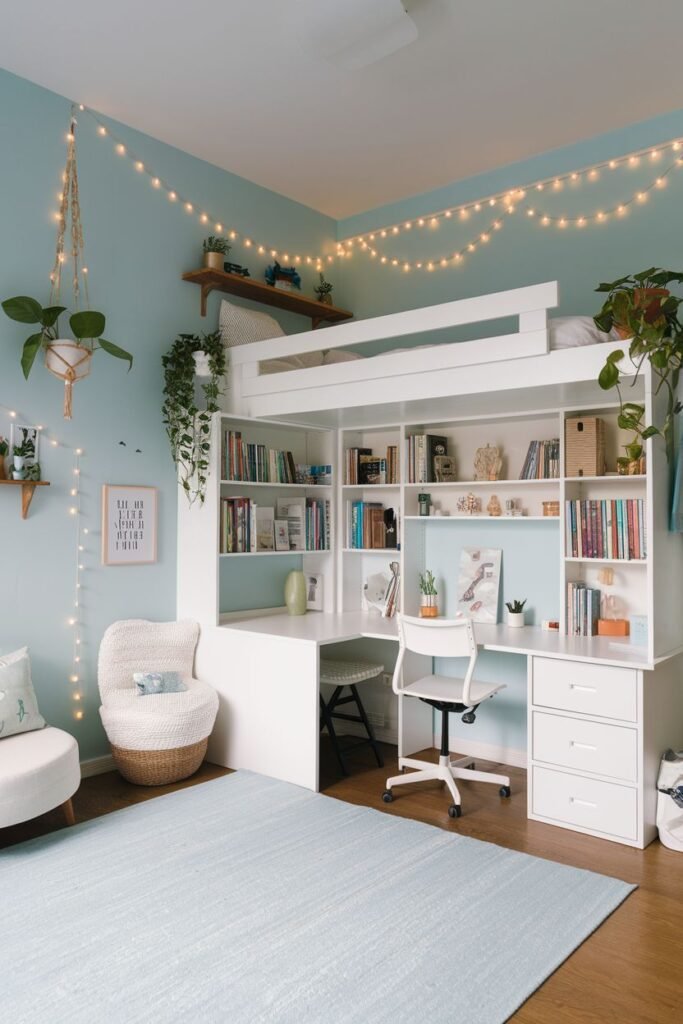 A bright bedroom with light blue walls, centered around a white loft bed with an integrated desk and shelving unit underneath, decorated with string lights, numerous plants, a white accent chair, and a light blue rug. Loft beds are often used to maximize space in a college apartment or small bedroom.