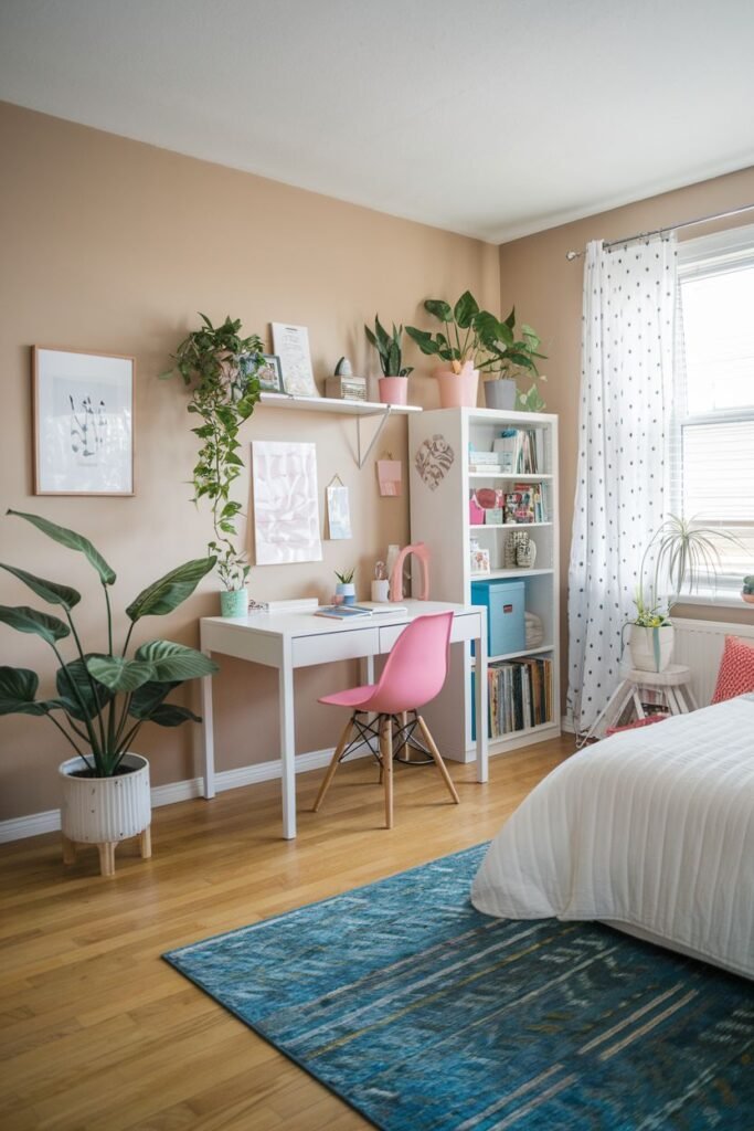 A colorful bedroom with warm beige walls and wooden floors, showcasing a white desk with a bright pink chair, white shelving above the desk with plants and pink decor, large potted plants, and a blue and green patterned area rug. It depicts a vibrant bedroom area, possibly in a college student's apartment.