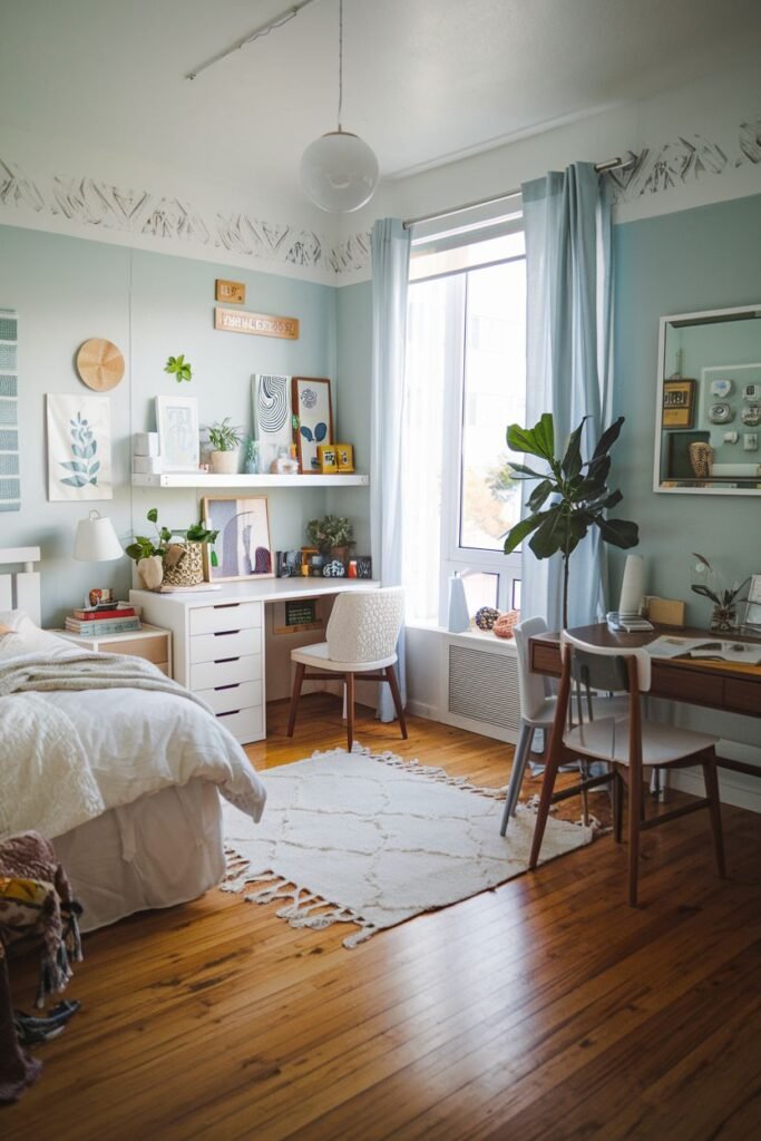 A light blue bedroom with wooden floors, equipped with two separate desk areas with chairs, floating shelves holding plants and artwork, a bed with white bedding, and a textured white rug with fringe. Having two desks suggests it could be a shared bedroom in a college apartment.