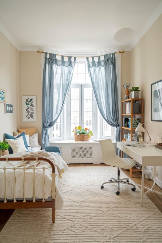 A bedroom with beige walls and a large bay window draped in sheer blue curtains, featuring a white metal bed frame, a wooden bookshelf, a white desk with a rolling chair, and a textured white patterned rug. This represents a classic apartment bedroom setup that could be used by a college student.