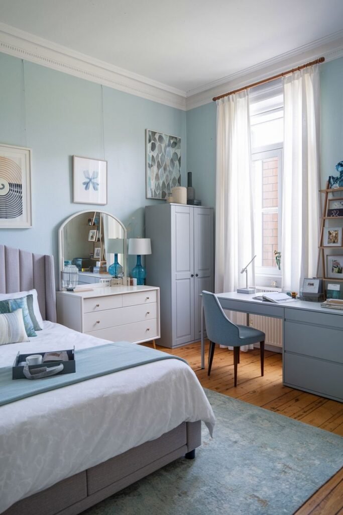 A neatly organized bedroom with light blue walls and wooden floors, presenting a bed with a grey upholstered headboard, a white dresser with a mirror, a grey wardrobe, a grey desk with drawers and a blue chair, and a light blue patterned rug. It shows a well-furnished bedroom, suitable for a college apartment.