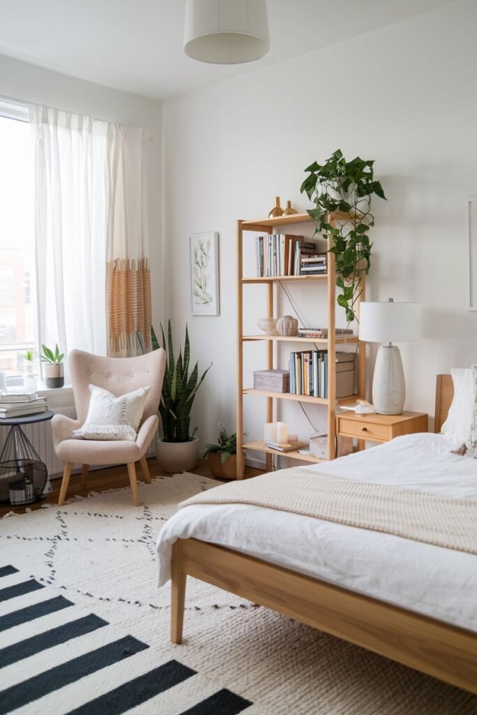 A minimalist bedroom with white walls, featuring a light wooden bed frame with white bedding, a tall wooden bookshelf filled with books and plants, a light pink armchair, and a white rug with thick black stripes. This simple yet stylish bedroom could be found in a modern apartment, fitting for a college student.
