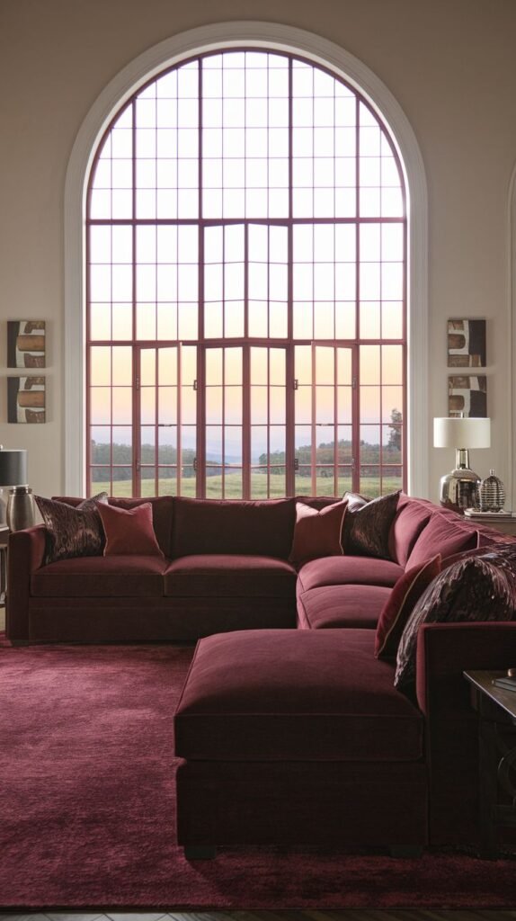 A spacious living room with a large comfortable burgundy sectional sofa placed in front of a grand arched window overlooking a landscape.