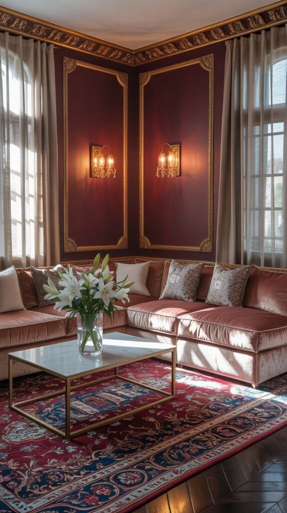 A corner view of a comfortable living room with burgundy walls and decorative molding, featuring a sectional sofa, a coffee table, and elegant wall sconces.