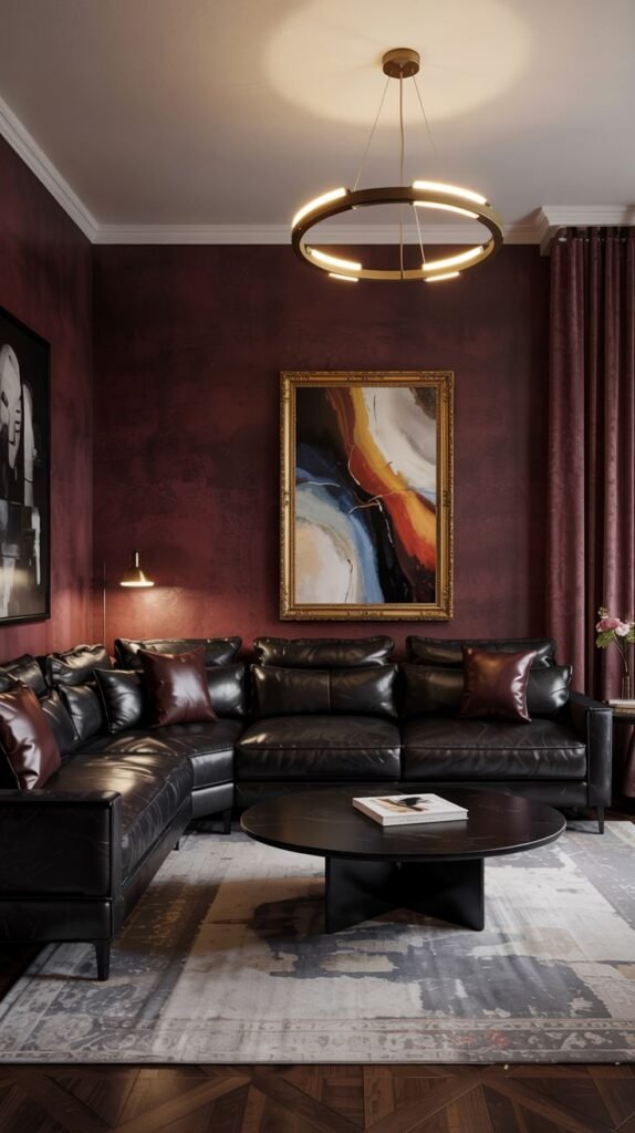 A modern and comfortable living room with burgundy walls, featuring a black leather sectional sofa, a round coffee table, and abstract art.