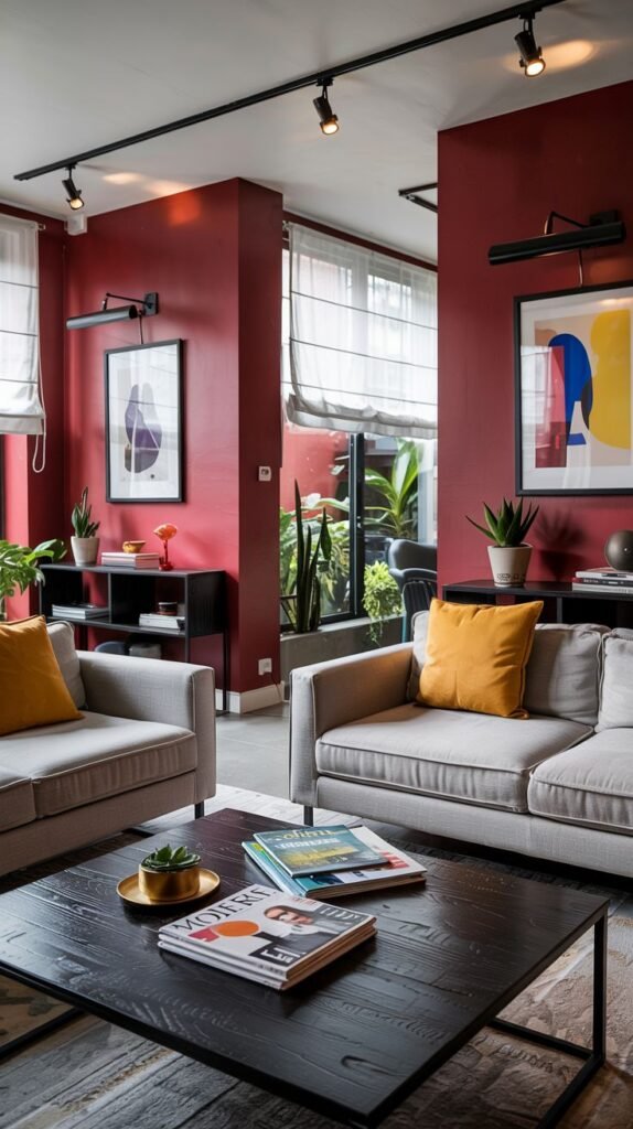 A bright and comfortable living room space divided by a burgundy accent wall, featuring two gray sofas, a coffee table, and plants.