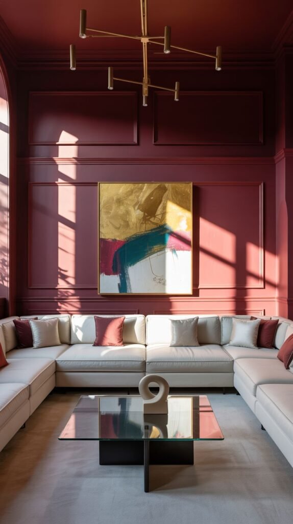 An elegant and comfortable living room with burgundy walls and decorative molding, featuring a large white sectional sofa and a glass coffee table.