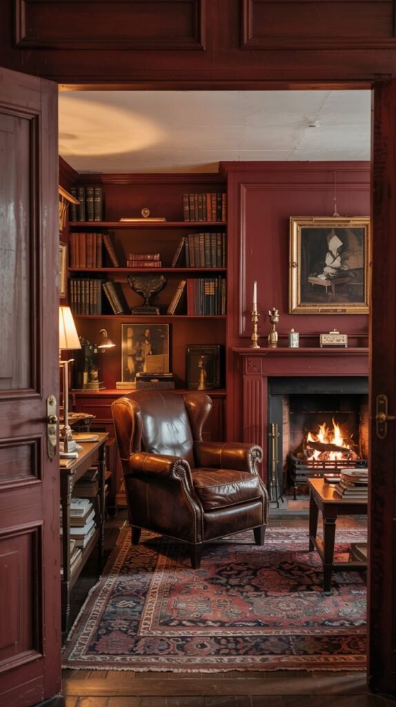 A comfortable living room or study with burgundy walls and built-in bookshelves, featuring a classic leather armchair next to a lit fireplace.