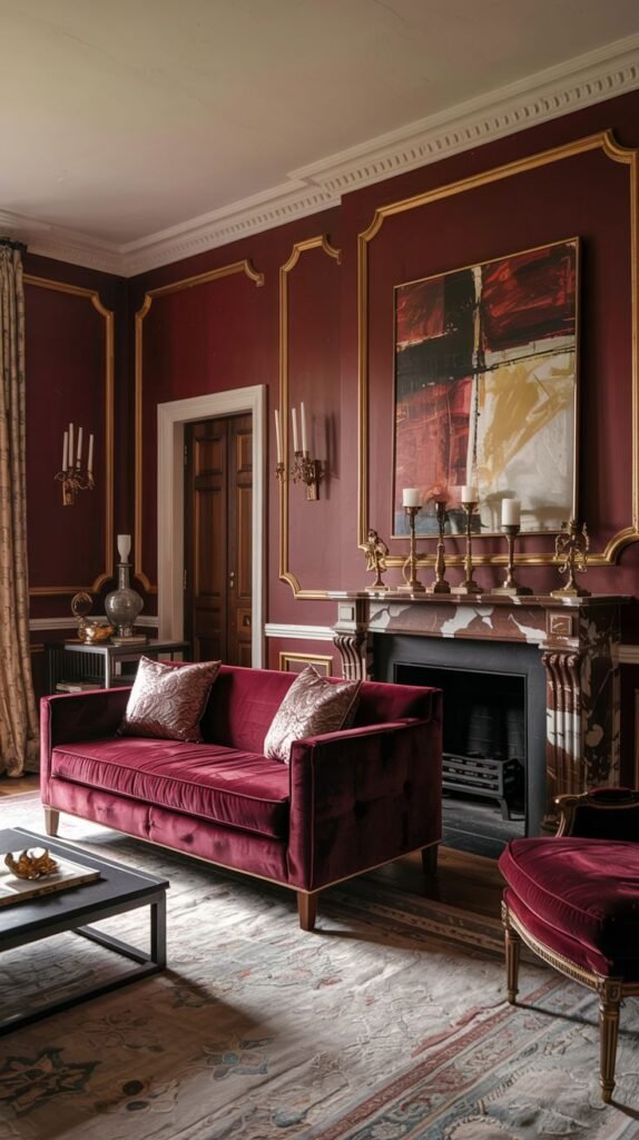 An opulent yet comfortable living room featuring burgundy walls with gold trim, a velvet sofa, armchair, fireplace, and artwork.