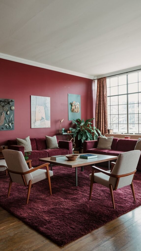 A large and comfortable living room with burgundy walls, featuring a sectional sofa, chairs, a coffee table, and plants.