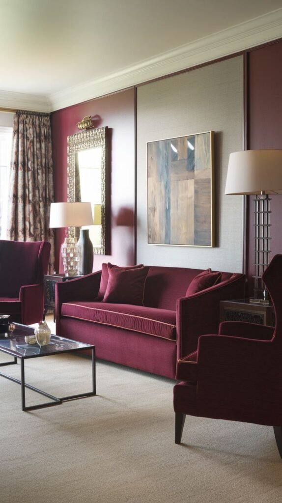A refined and comfortable living room with burgundy walls and a textured panel, featuring a sofa, armchairs, lamps, and artwork.