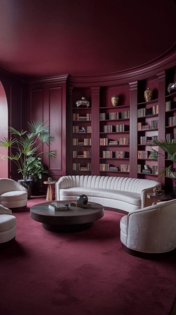 A curved and comfortable living room space with burgundy walls and carpet, featuring a round sofa, chairs, and extensive built-in bookshelves.