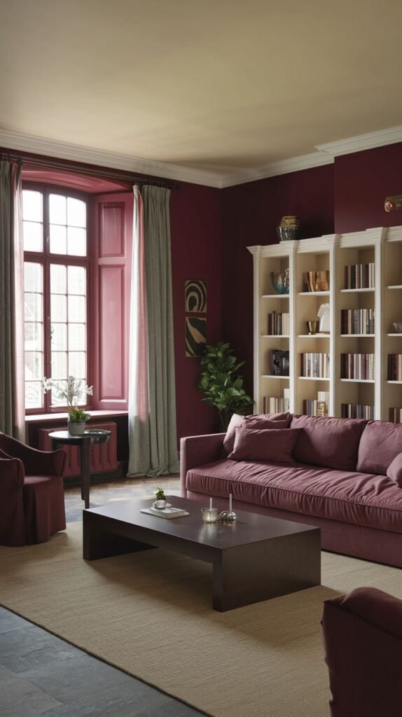 A comfortable living room with burgundy walls, featuring a sofa, chairs, a coffee table, and built-in bookshelves filled with books.