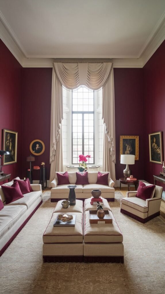 A grand and comfortable living room with burgundy walls and a large window with draped curtains, featuring multiple sofas and ottomans arranged around a coffee table.