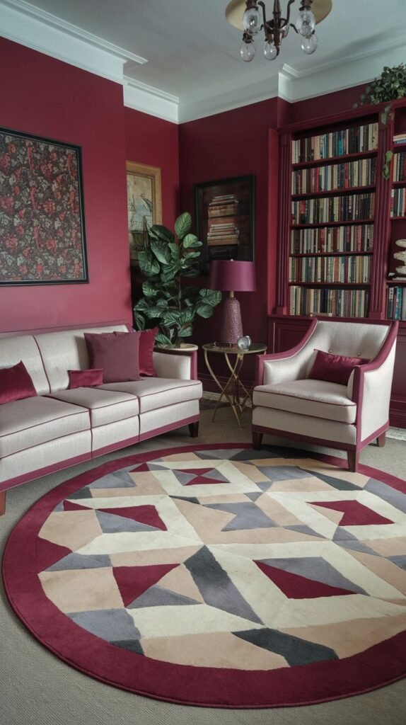 A comfortable living room with burgundy walls and bookshelves, featuring a sofa, armchair, and a large round geometric rug.