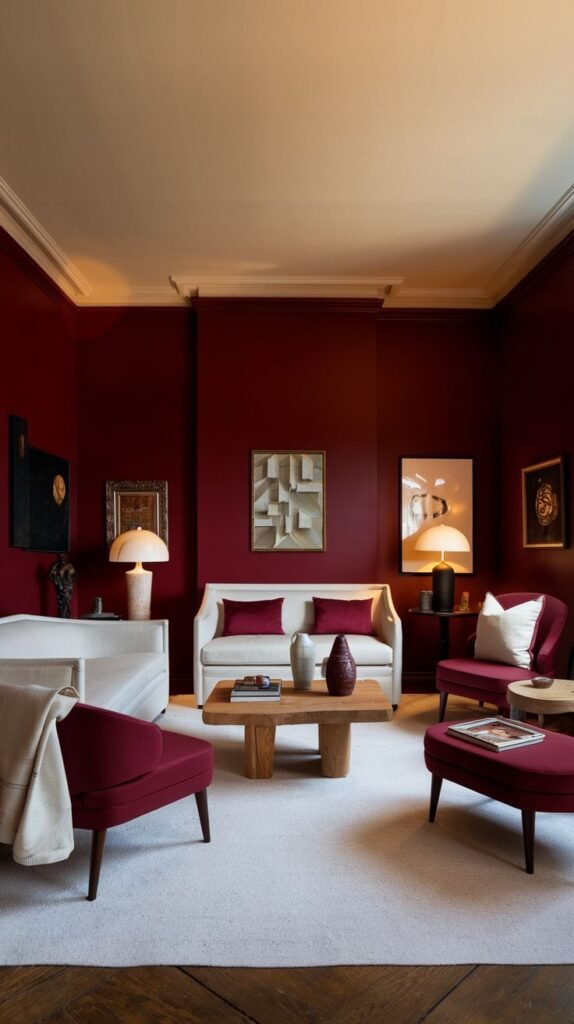 A chic and comfortable living room with burgundy walls, featuring two sofas, armchairs, and a coffee table, creating a stylish seating arrangement.