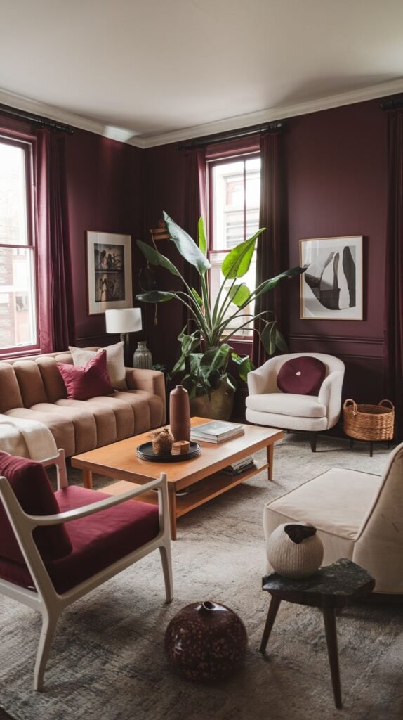 A comfortable living room featuring burgundy walls, a sofa, armchairs, and a coffee table, creating a cozy atmosphere.