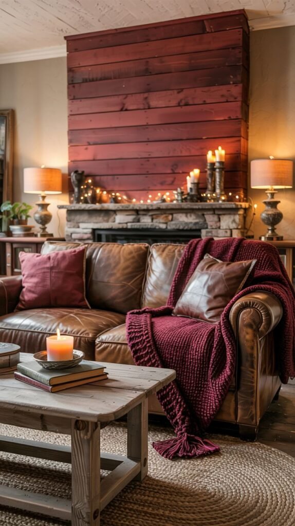 A comfortable living room featuring a brown leather sofa with a burgundy throw and pillows, centered around a fireplace with a rustic wood panel, suggesting a cozy retreat.