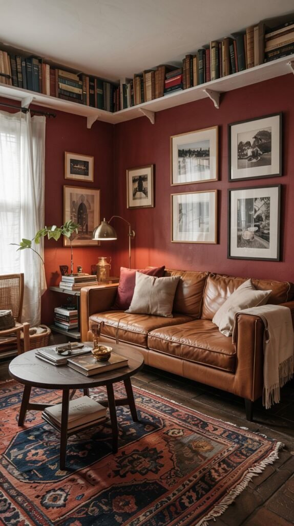 A comfortable living room with burgundy walls displaying framed art, featuring a brown leather sofa, a round coffee table, and shelves filled with books.