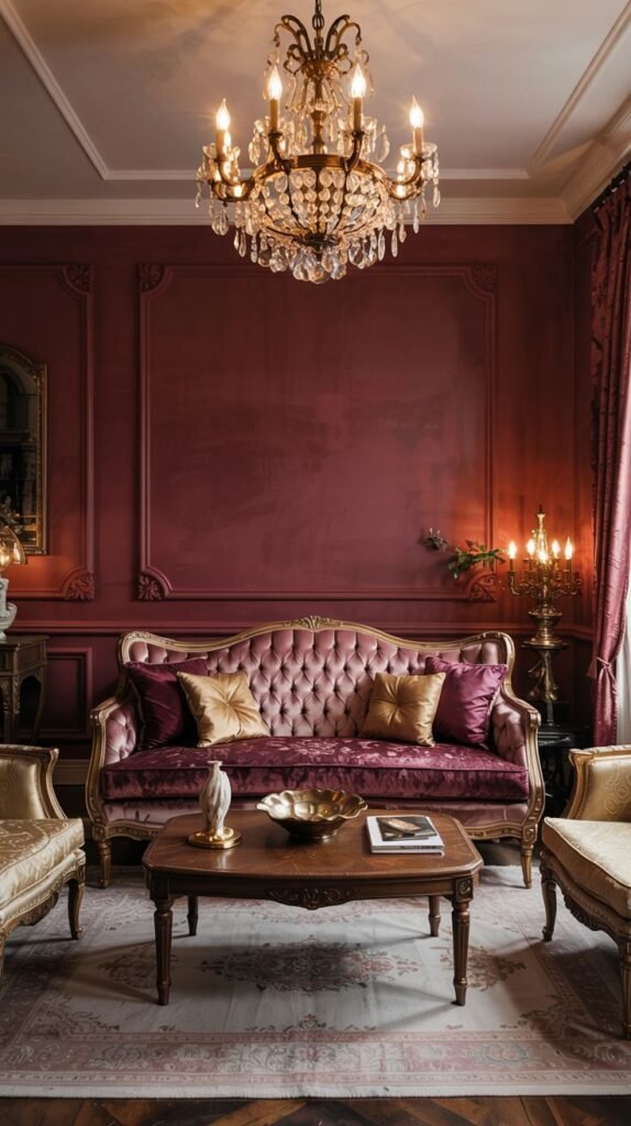 A formal yet comfortable living room with burgundy walls, a tufted sofa, gilded chairs, a coffee table, and an elaborate crystal chandelier.