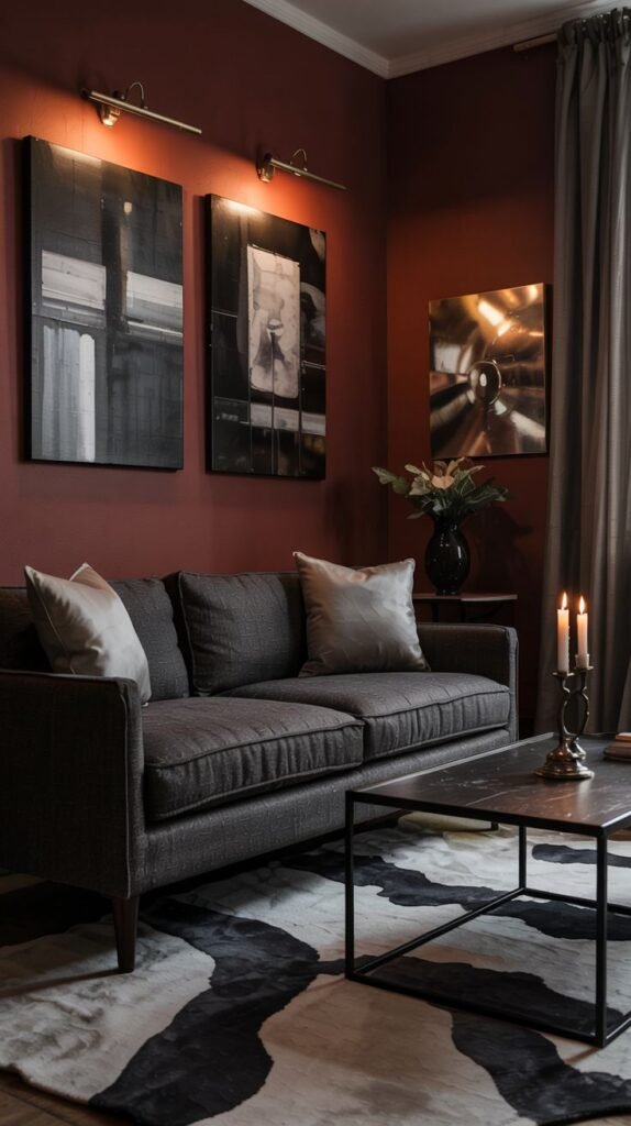 A comfortable living room showcasing burgundy walls with modern artwork, a gray sofa, a coffee table, and a distinctive patterned rug.