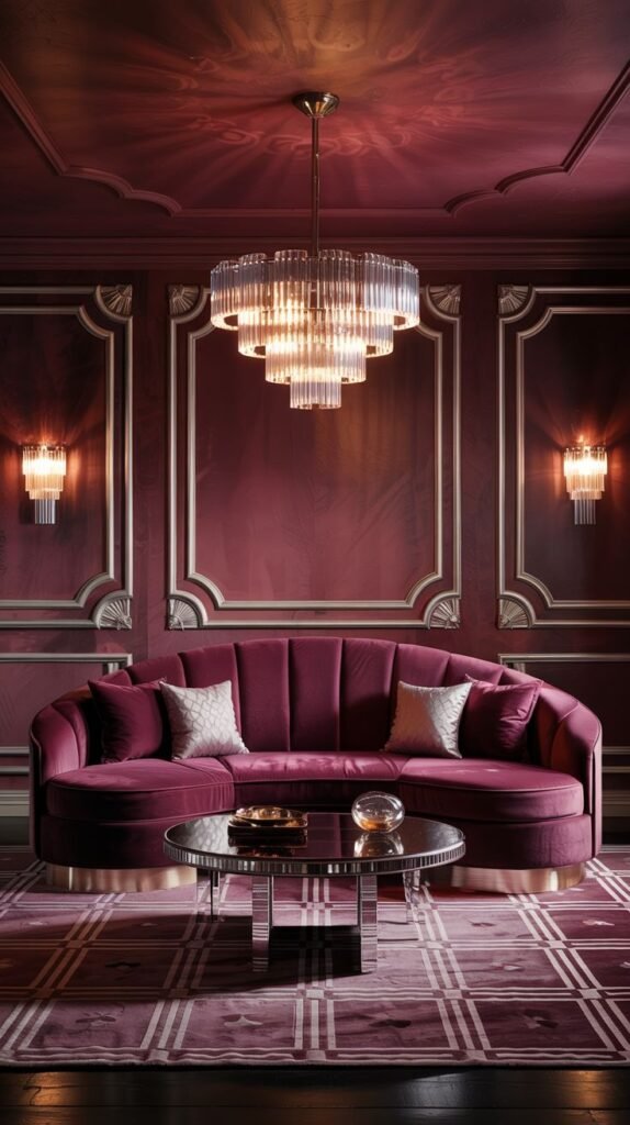 A luxurious and comfortable living room featuring a curved velvet sofa, a glass coffee table, and a tiered chandelier within a space defined by burgundy walls and ornate molding.