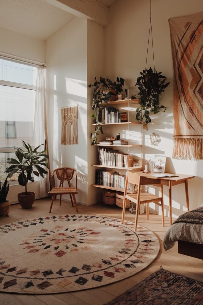 A comfortable, sunny bedroom featuring a round boho patterned rug, a modern desk and bookshelf, thriving plants, a rattan chair, and a macrame wall hanging, showcasing a blend of styles.