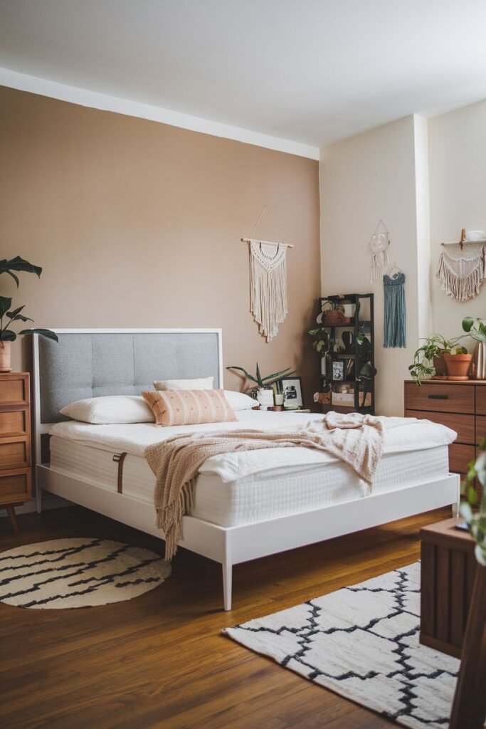A comfortable bedroom with a modern white bed frame featuring a grey headboard, set against an accent wall, decorated with boho macrame hangings, plants, and patterned rugs.