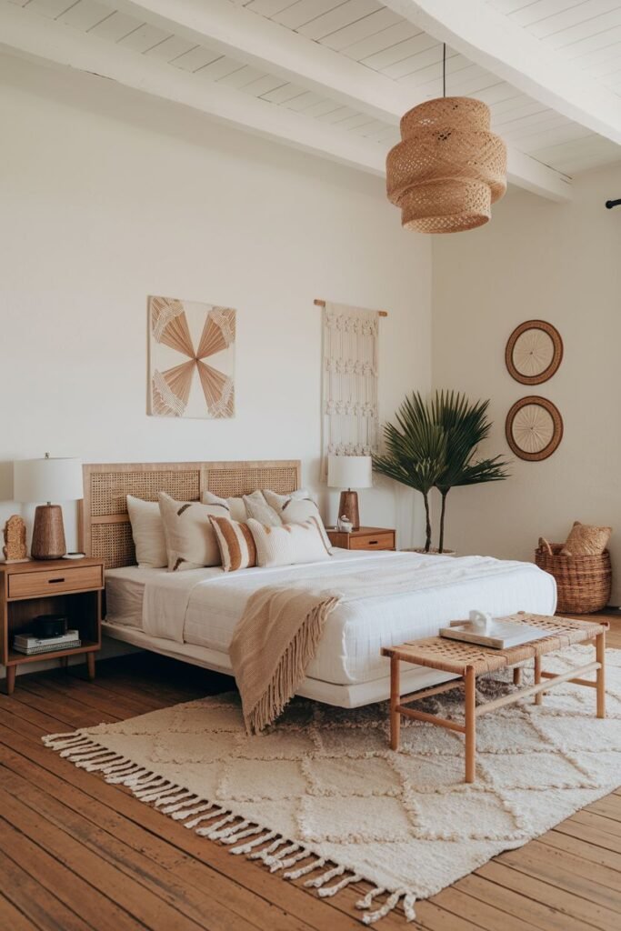 A bright, comfortable bedroom showcasing a modern bed with a rattan boho headboard, paired with woven accents, macrame, plants, and a distinct pendant light fixture.