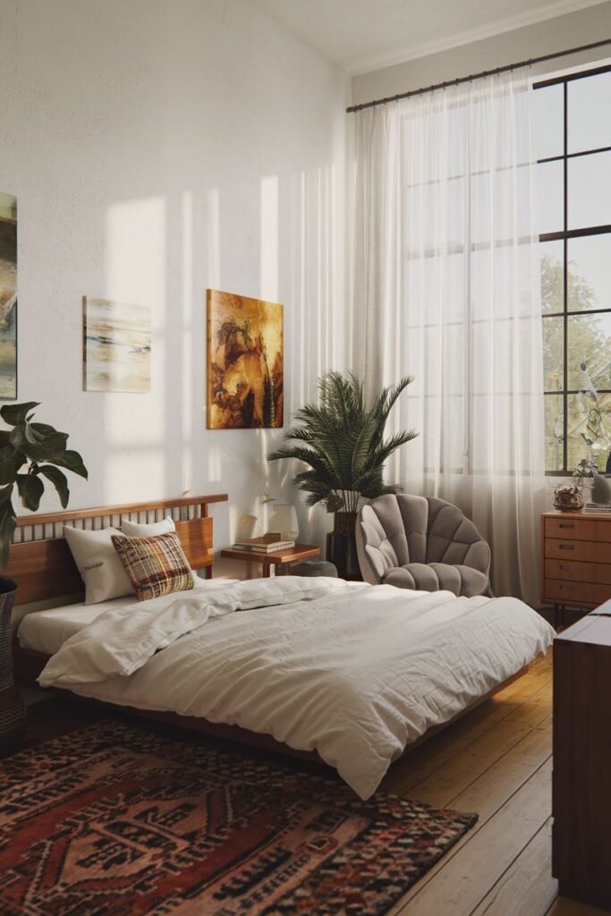 A comfortable bedroom with a large window providing bright light, featuring a modern wooden bed frame, a unique chair, plants, and a colorful boho rug.