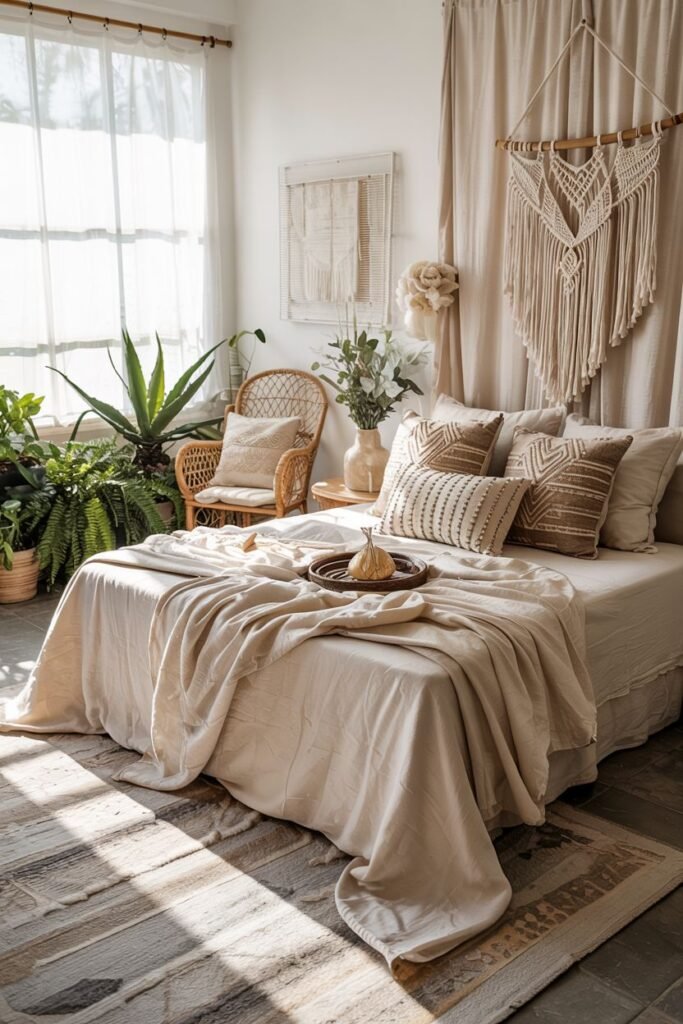 A sunlit, comfortable bedroom with sheer curtains, a boho macrame wall hanging, a rattan chair, numerous plants, and layered textiles on the bed, creating a relaxed atmosphere.