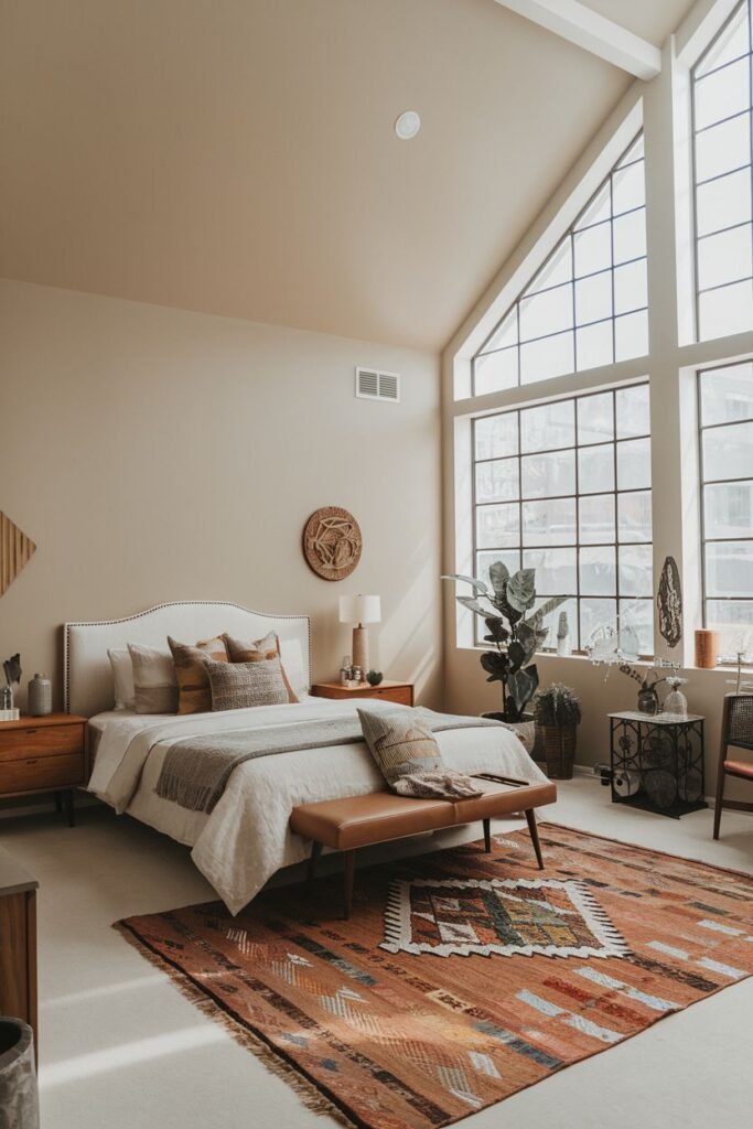 A bright, comfortable bedroom with large windows and a high ceiling, featuring a modern bed, a bench, plants, a macrame piece, and a large patterned boho rug.