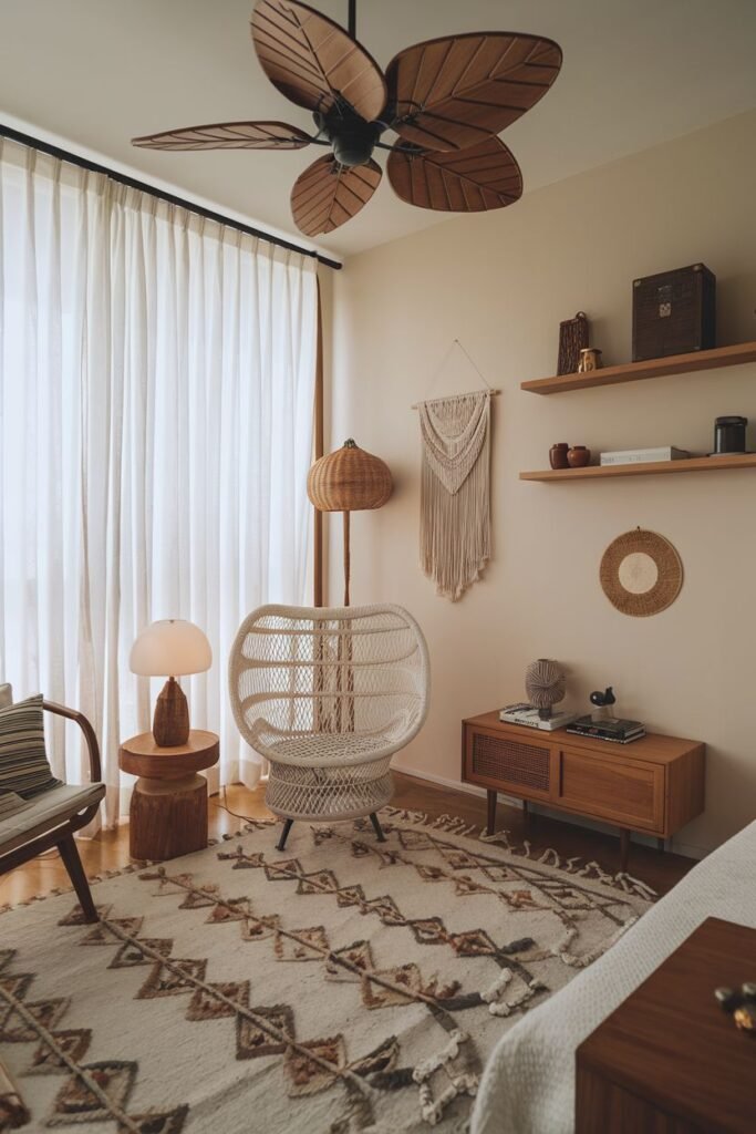 A comfortable bedroom decorated with boho elements like a rattan hanging chair, woven wall art, plants, and a textured rug, alongside modern shelving and a wooden dresser.