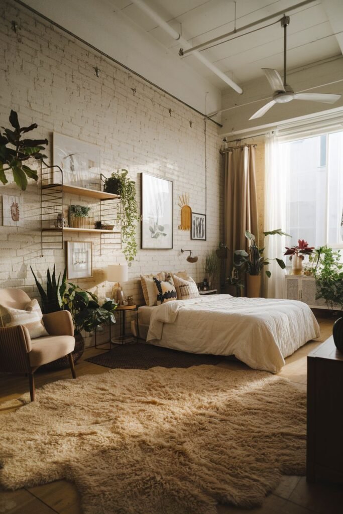 A comfortable bedroom with exposed brick, featuring a large, fluffy boho rug, plants, macrame wall art, and modern wall-mounted shelves.