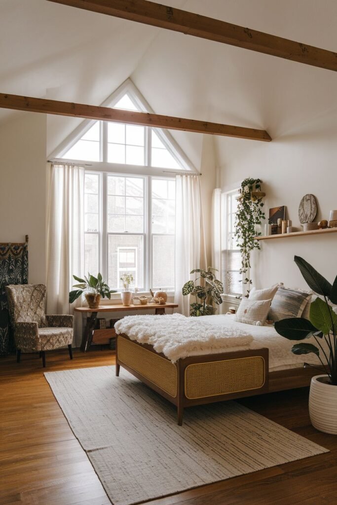 A comfortable bedroom with a high angled ceiling and large window, featuring a modern bed frame with rattan details, plants, a patterned boho chair, and simple shelves.