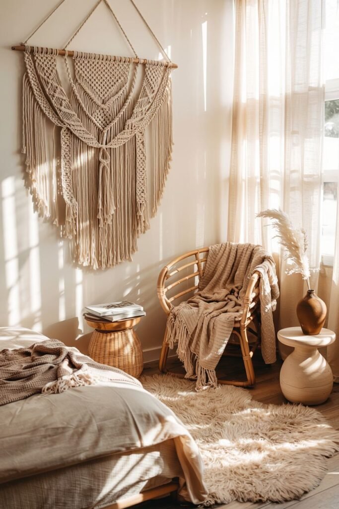 A very comfortable and inviting scene in a bedroom featuring a large boho macrame wall hanging, a rattan chair with a cozy throw, a plush rug, and a nightstand, bathed in warm sunlight.