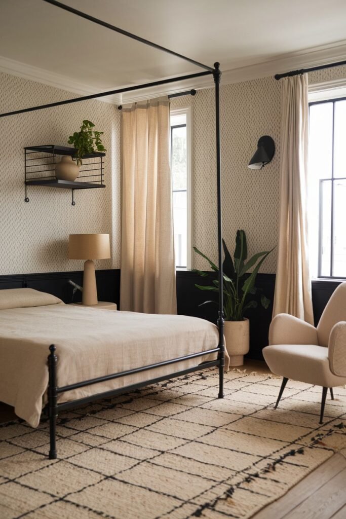 A comfortable bedroom with a modern black four-poster bed, a textured boho rug, a minimalist chair, plants, and subtle patterned wallpaper.